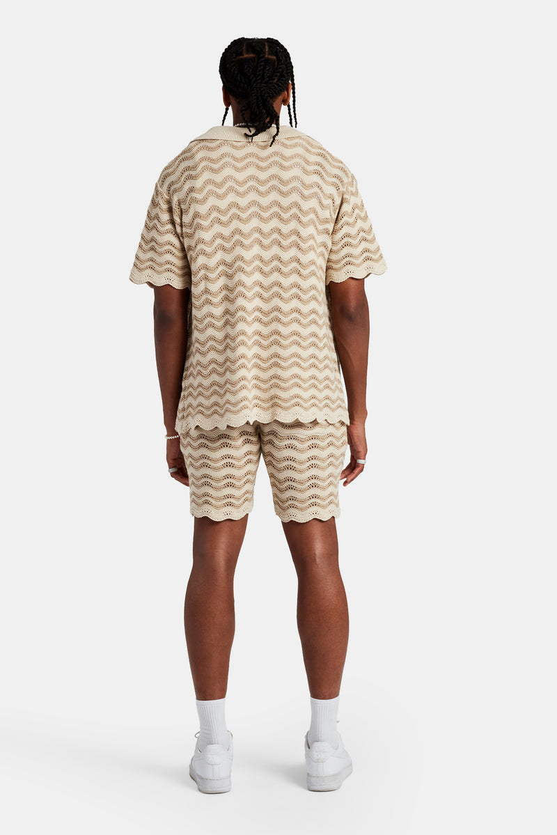 Crochet Knitted Embroidered Shirt Short Set Beige Mens Sets