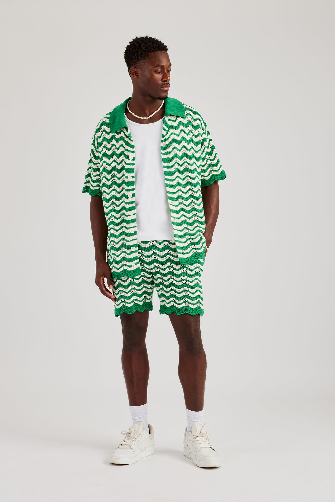 Crochet Knitted Embroidered Shirt & Short Set - Green | Mens Sets