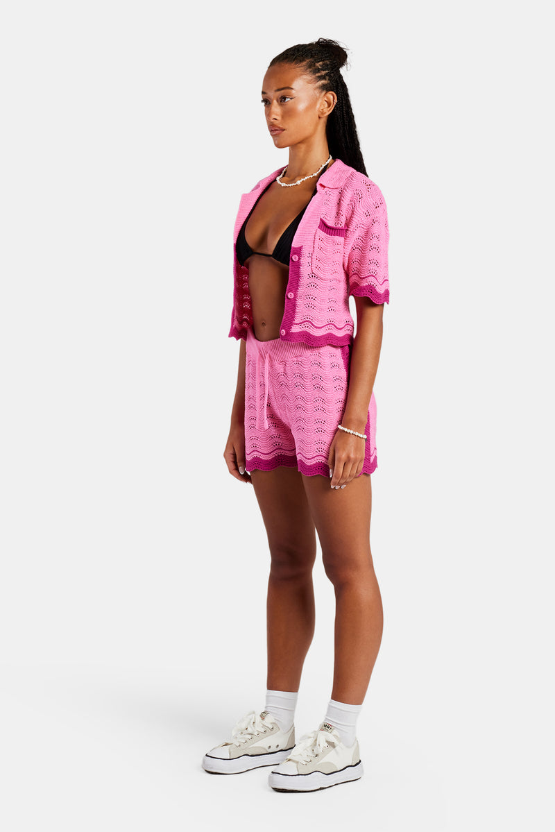 Contrast Crochet Knitted Shirt Short Set Pink Womens Sets