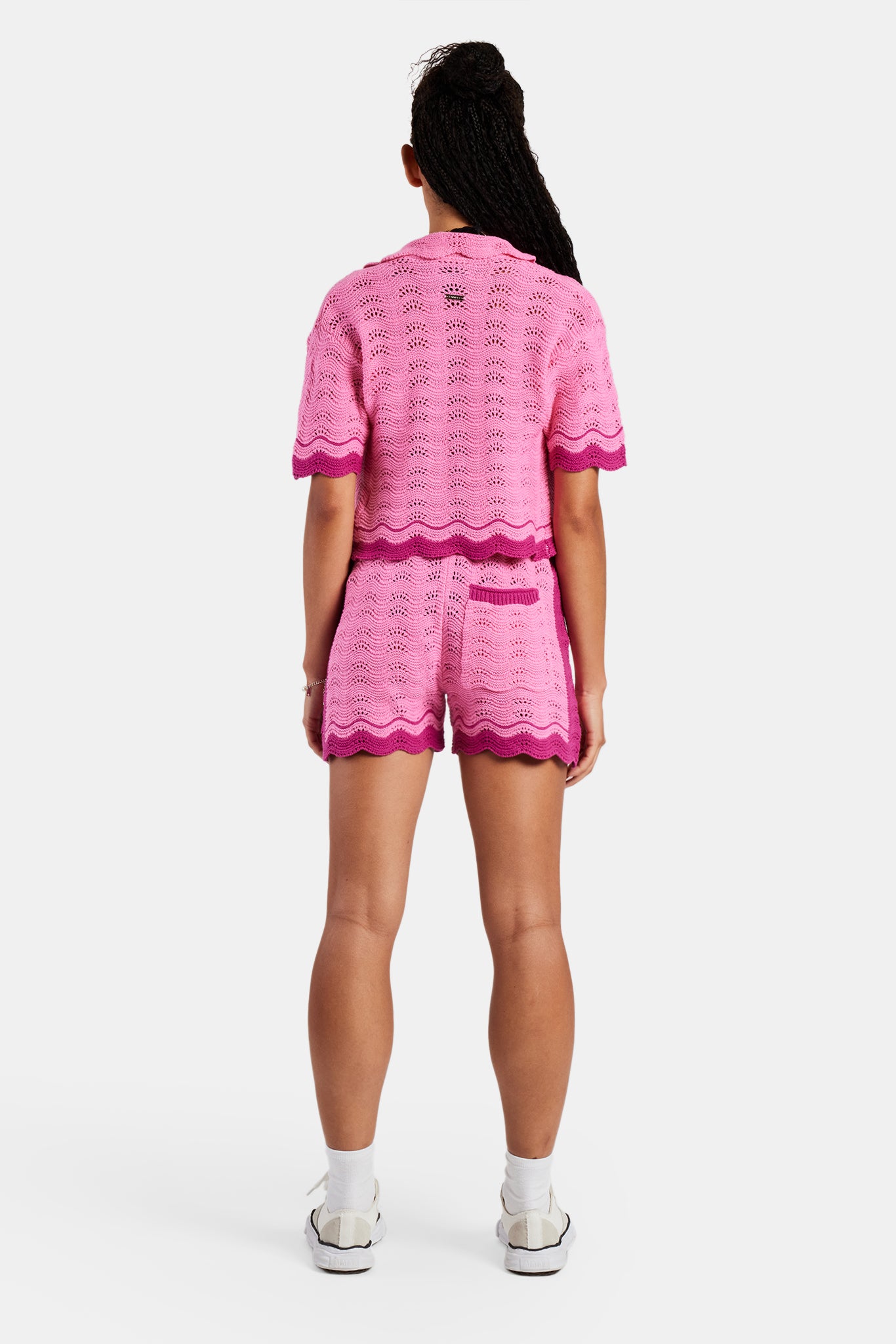 Contrast Crochet Knitted Shirt & Short Set - Pink | Womens Sets