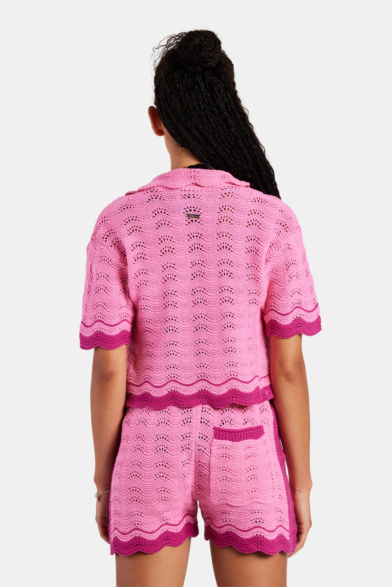 Contrast Crochet Knitted Shirt & Short Set - Pink | Womens Sets