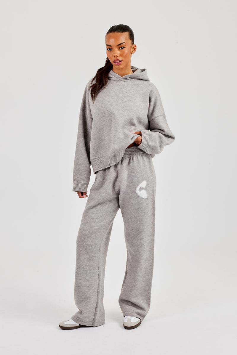 Fluffy Intarsia Boxy Hoodie & Wide Leg Jogger - Grey