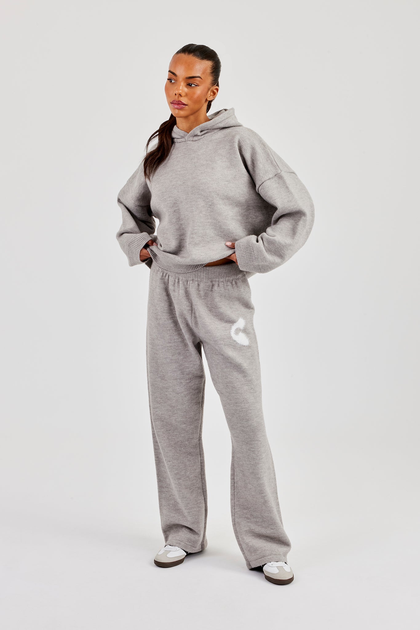 Fluffy Intarsia Boxy Hoodie & Wide Leg Jogger - Grey