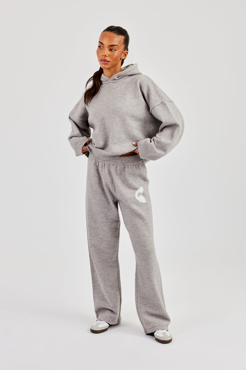 Fluffy Intarsia Boxy Hoodie & Wide Leg Jogger - Grey