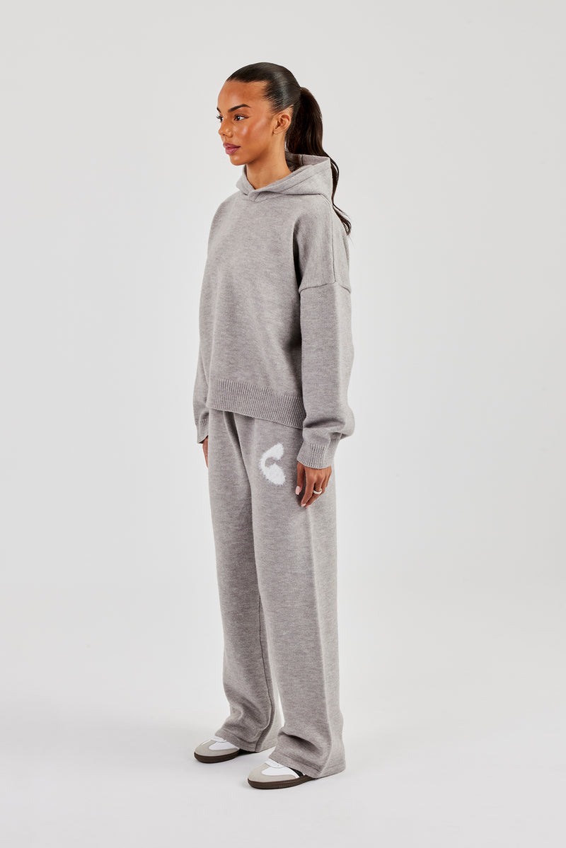 Fluffy Intarsia Boxy Hoodie & Wide Leg Jogger - Grey
