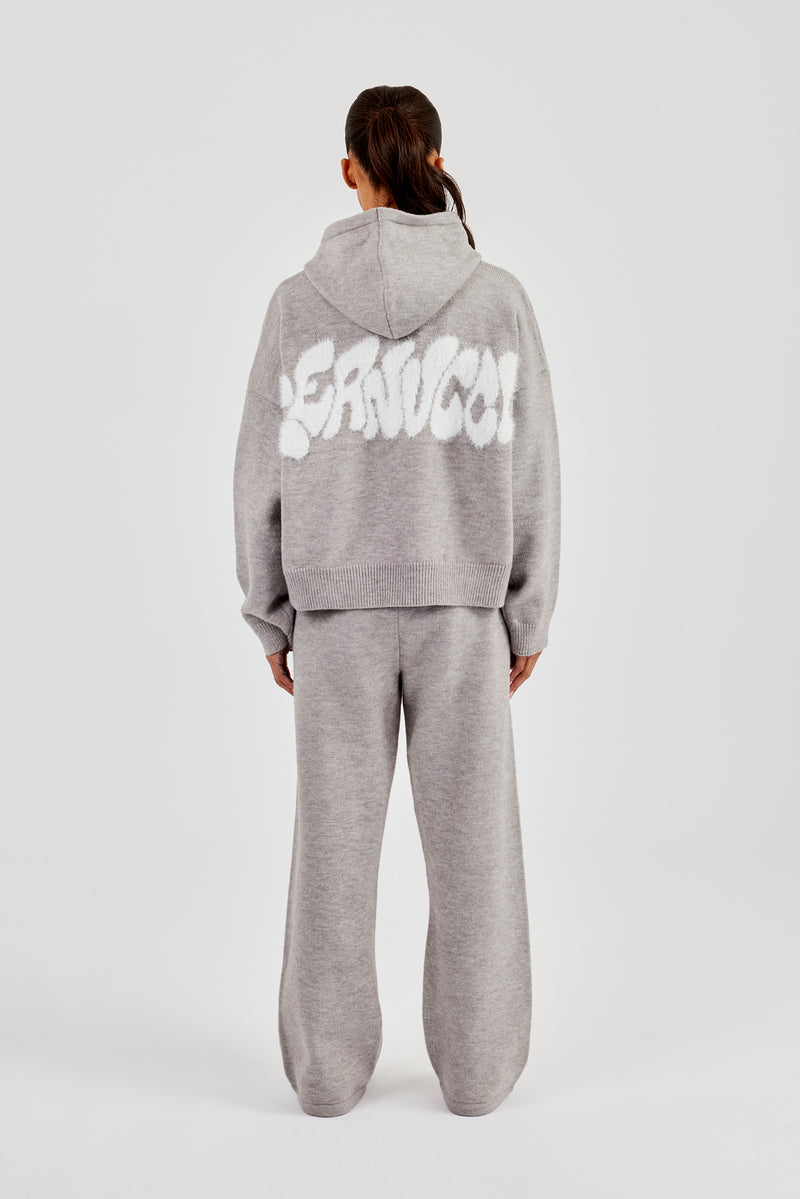 Fluffy Intarsia Boxy Hoodie & Wide Leg Jogger - Grey