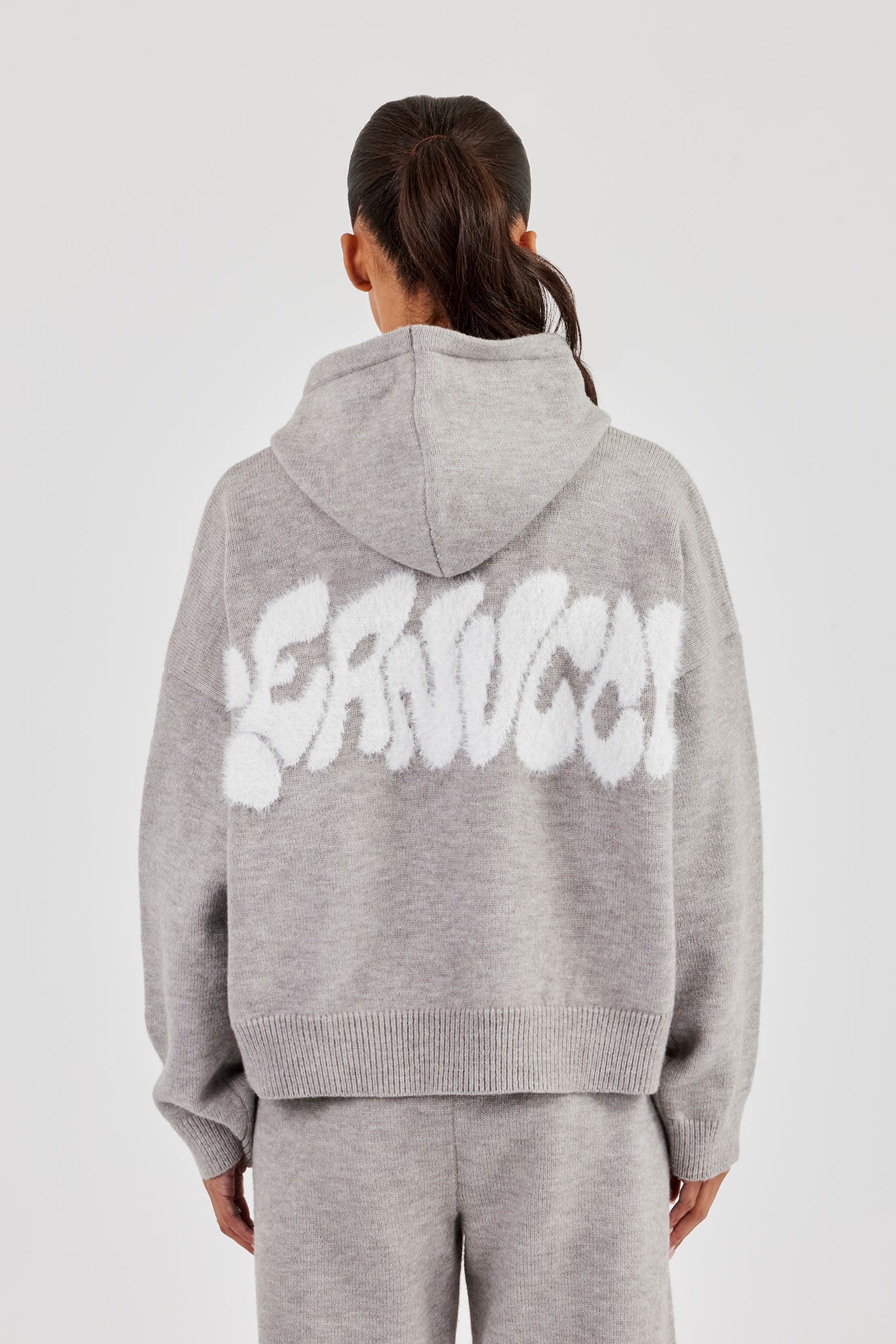 Fluffy Intarsia Boxy Hoodie - Grey