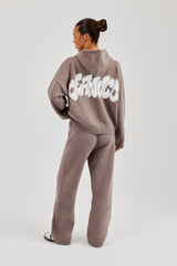 Fluffy Intarsia Boxy Hoodie & Wide Leg Jogger - Taupe