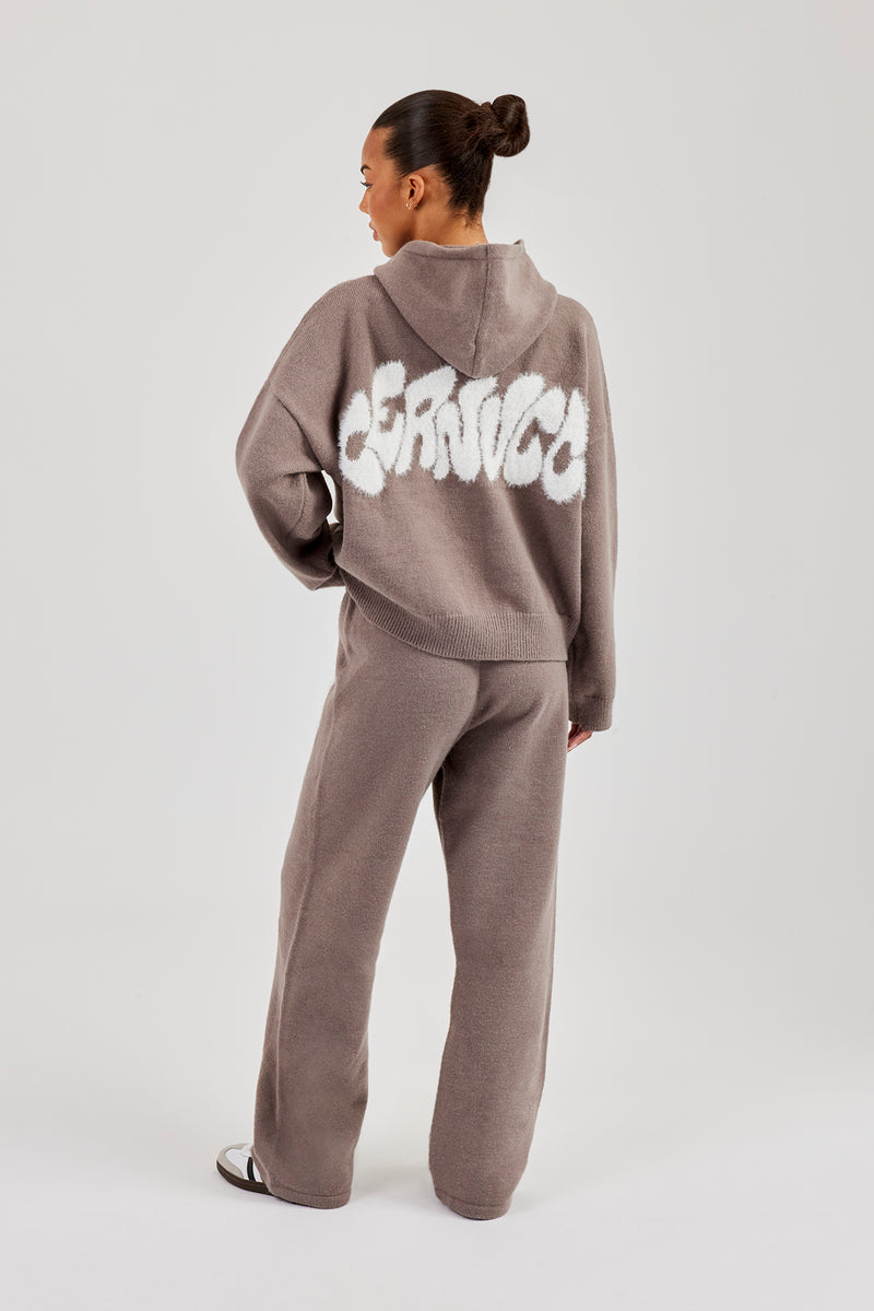 Fluffy Intarsia Boxy Hoodie & Wide Leg Jogger - Taupe