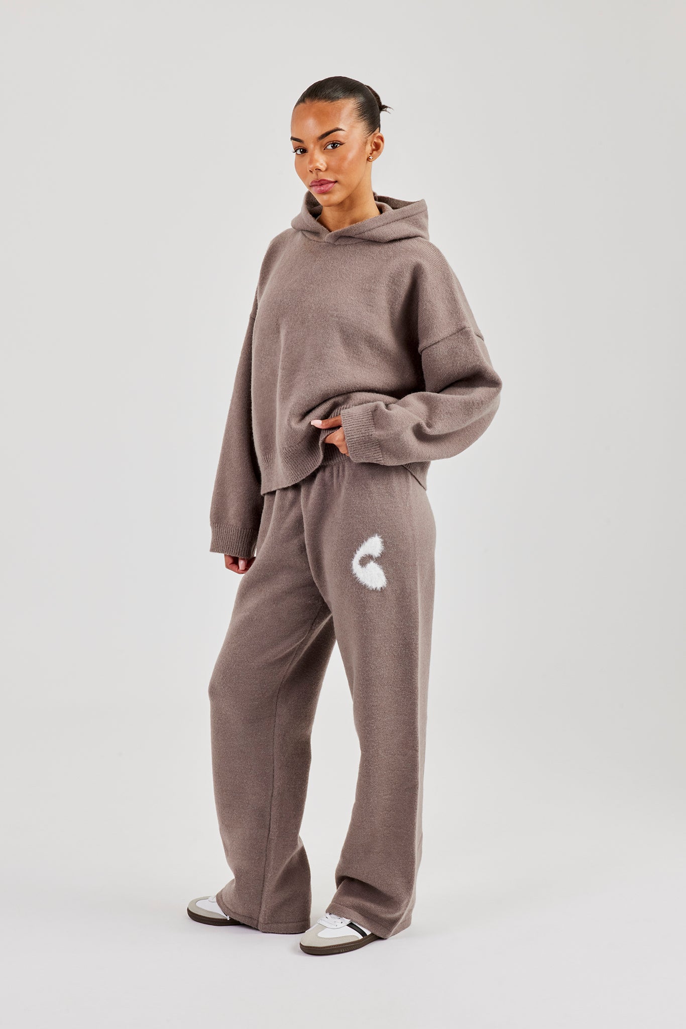 Fluffy Intarsia Boxy Hoodie & Wide Leg Jogger - Taupe