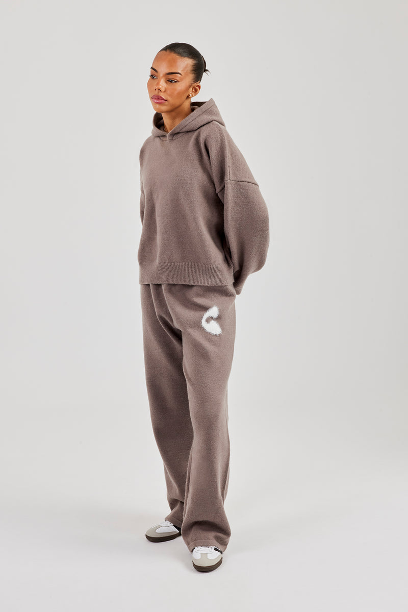 Fluffy Intarsia Boxy Hoodie - Taupe