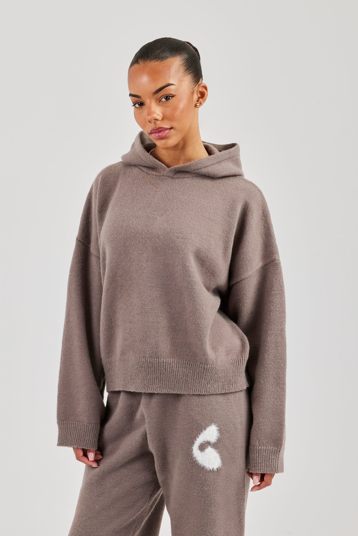 Fluffy Intarsia Boxy Hoodie - Taupe