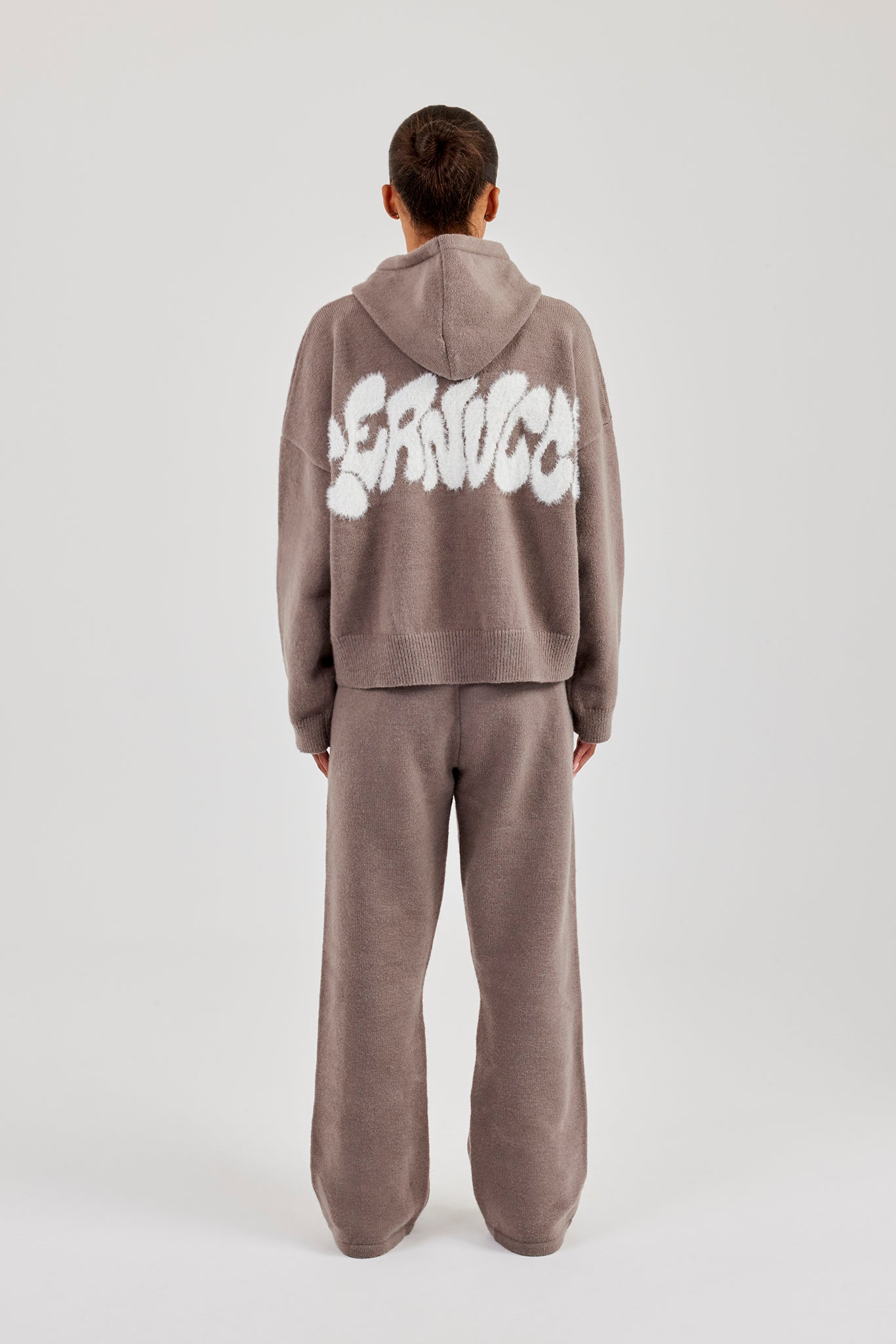 Fluffy Intarsia Boxy Hoodie & Wide Leg Jogger - Taupe
