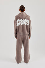 Fluffy Intarsia Boxy Hoodie & Wide Leg Jogger - Taupe
