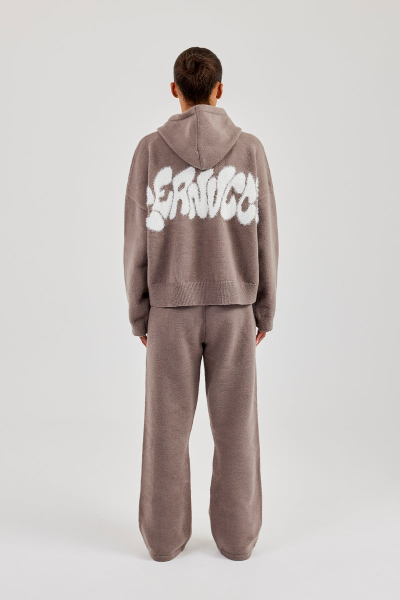 Fluffy Intarsia Boxy Hoodie & Wide Leg Jogger - Taupe