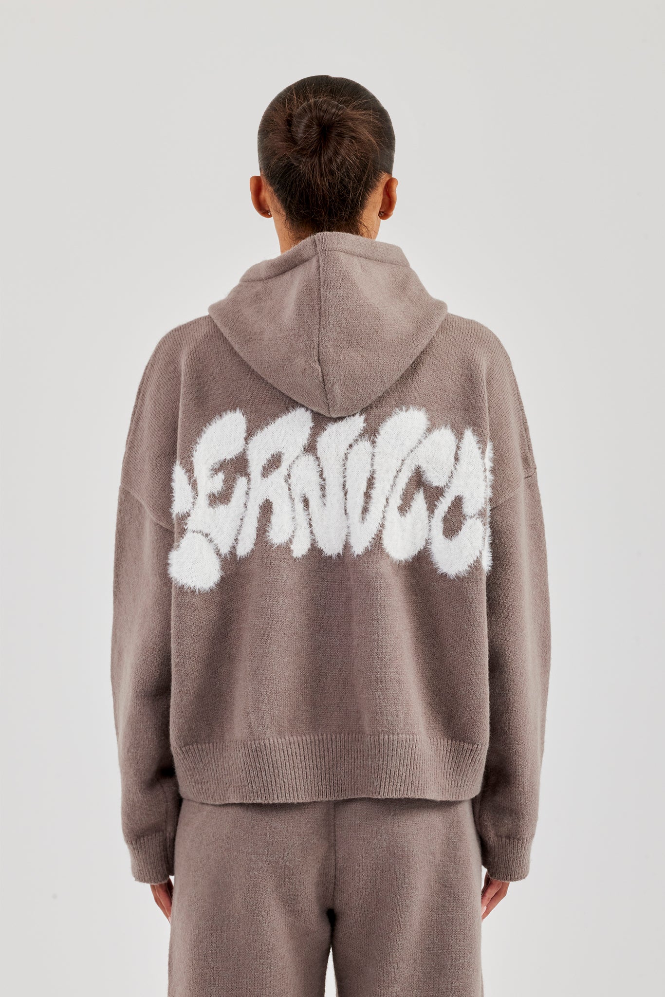 Fluffy Intarsia Boxy Hoodie - Taupe