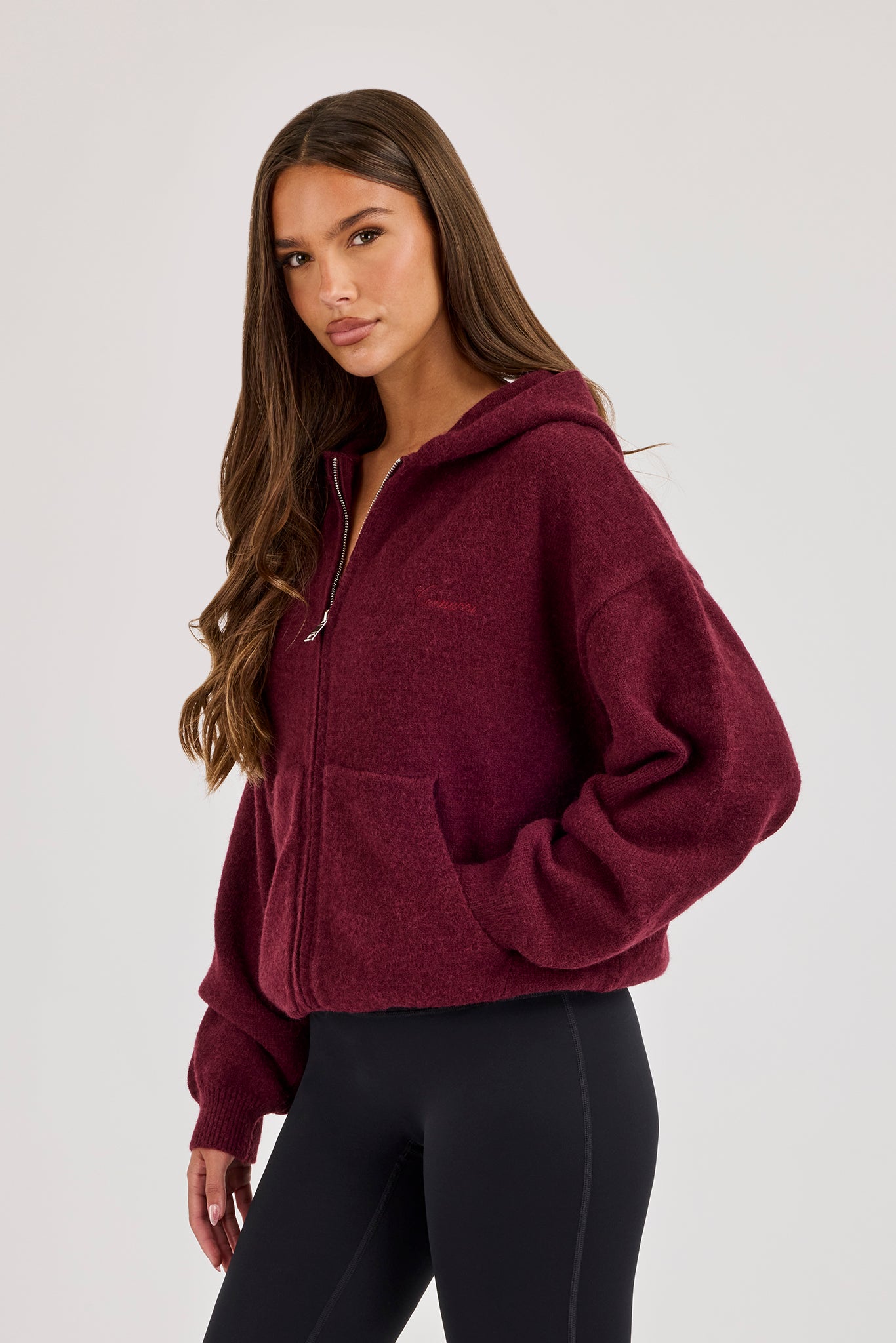 Knitted Stitch Back Detail Zip Through Hoodie - Burgundy