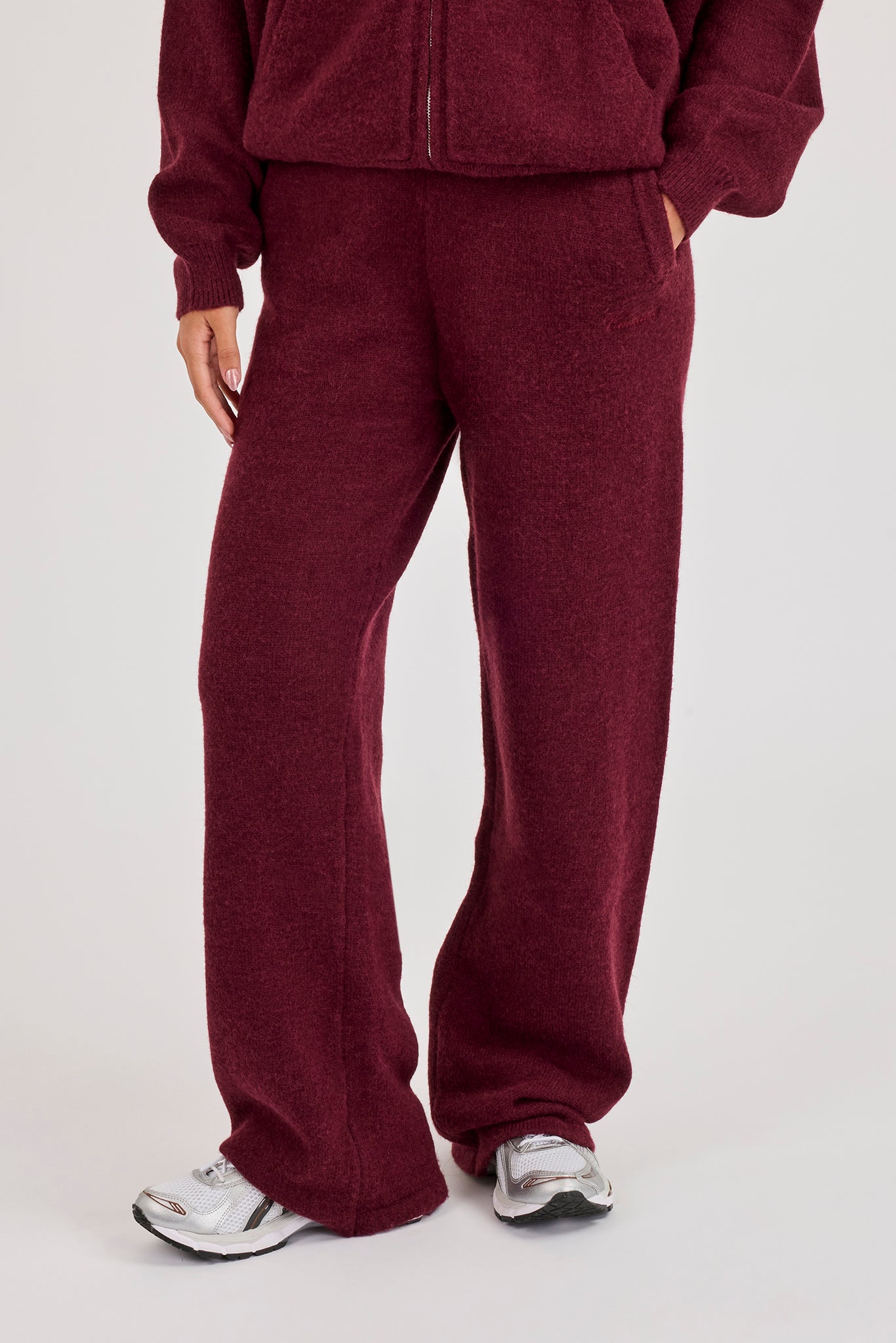 Knitted Stitch Detail Wide Leg Jogger - Burgundy