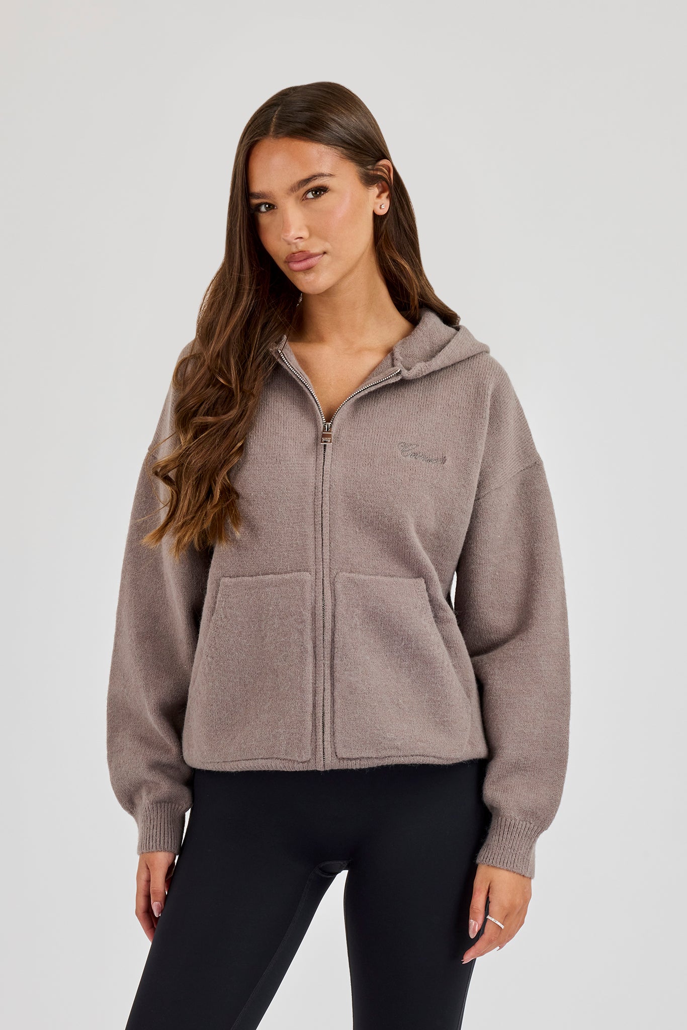 Knitted Stitch Back Detail Zip Through Hoodie - Charcoal