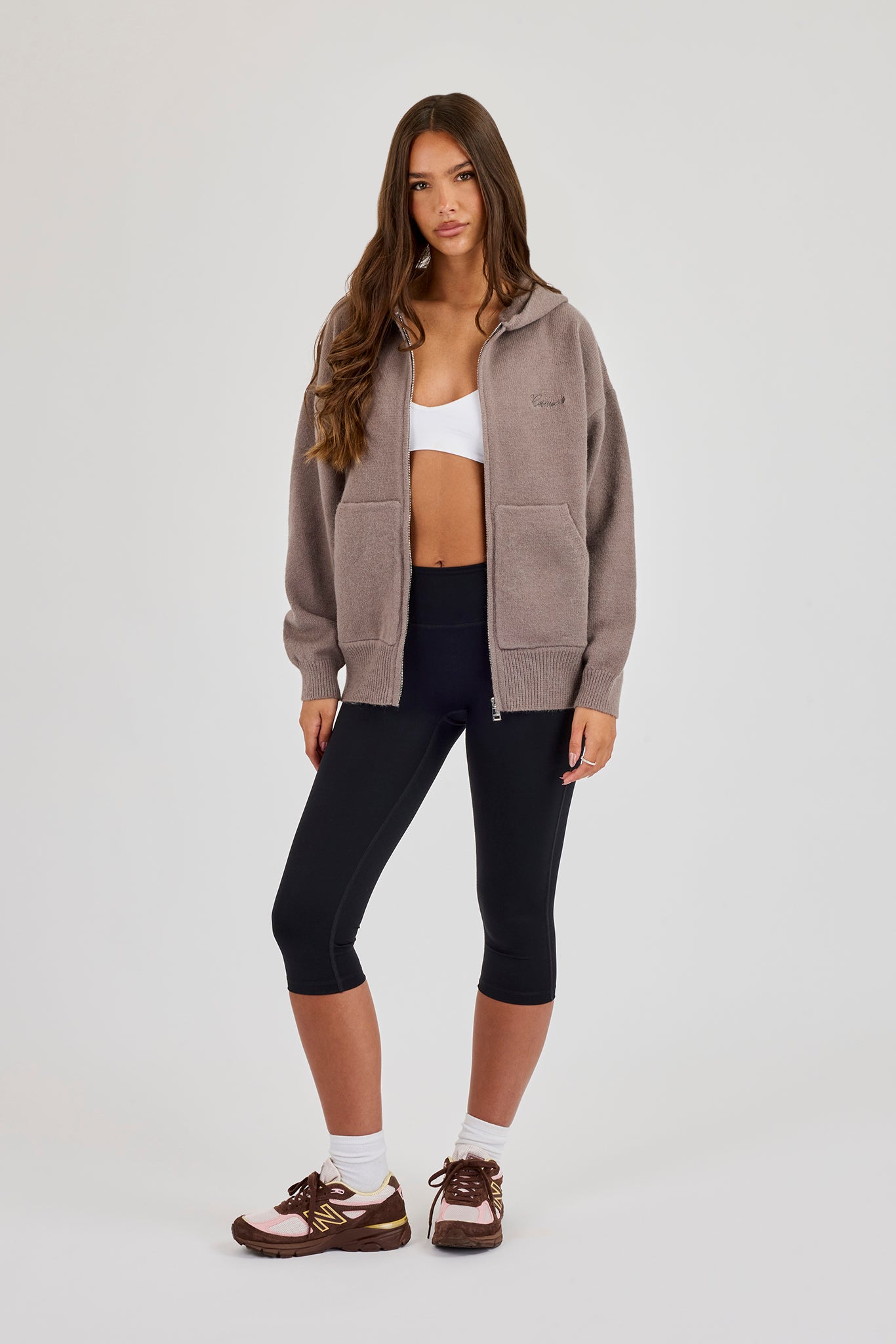 Knitted Stitch Back Detail Zip Through Hoodie - Charcoal