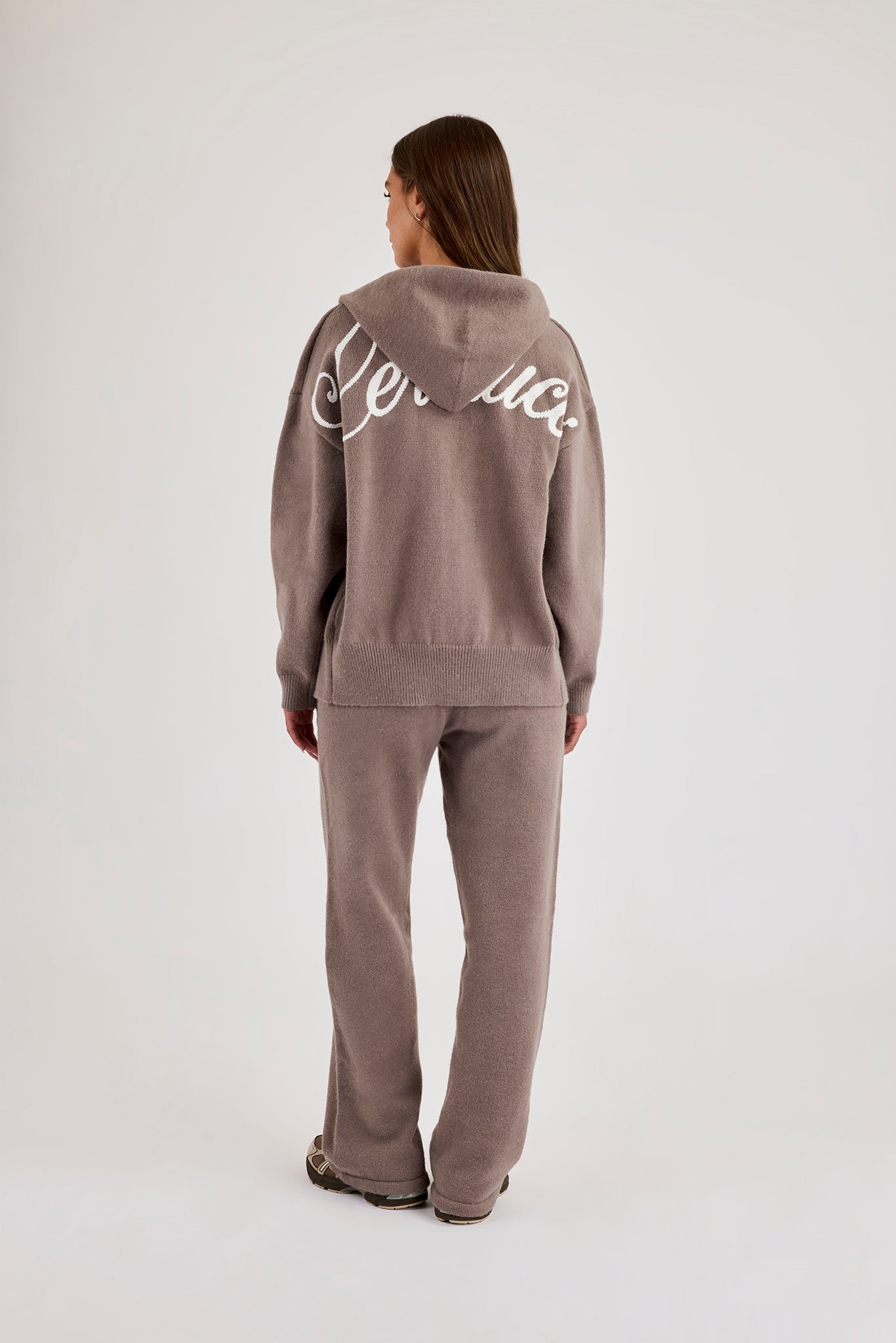 Knitted Stitch Back Detail Zip Through Hoodie & Wide Leg Jogger - Charcoal