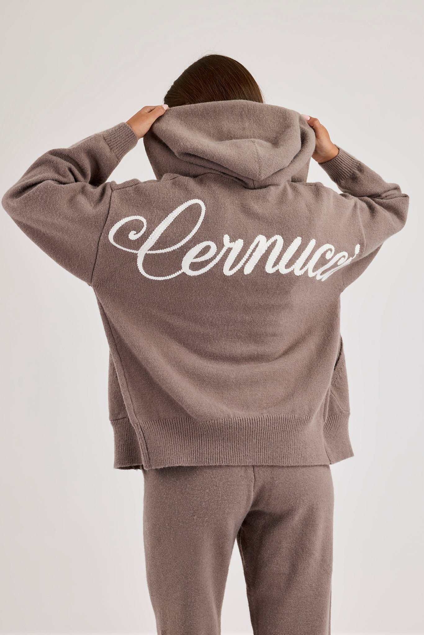 Knitted Stitch Back Detail Zip Through Hoodie & Wide Leg Jogger - Charcoal