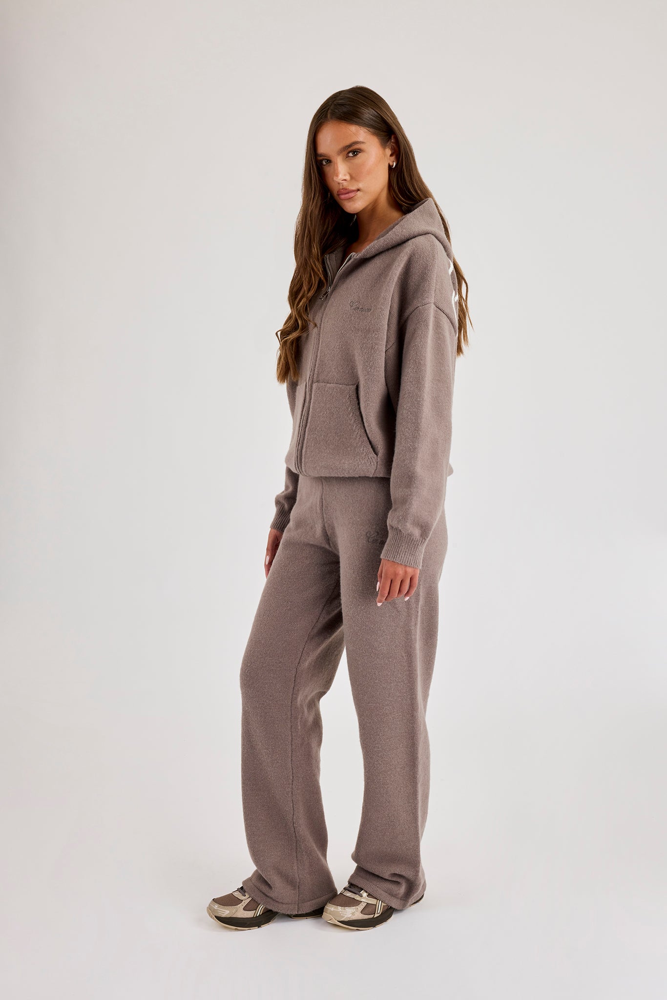 Knitted Stitch Back Detail Zip Through Hoodie & Wide Leg Jogger - Charcoal
