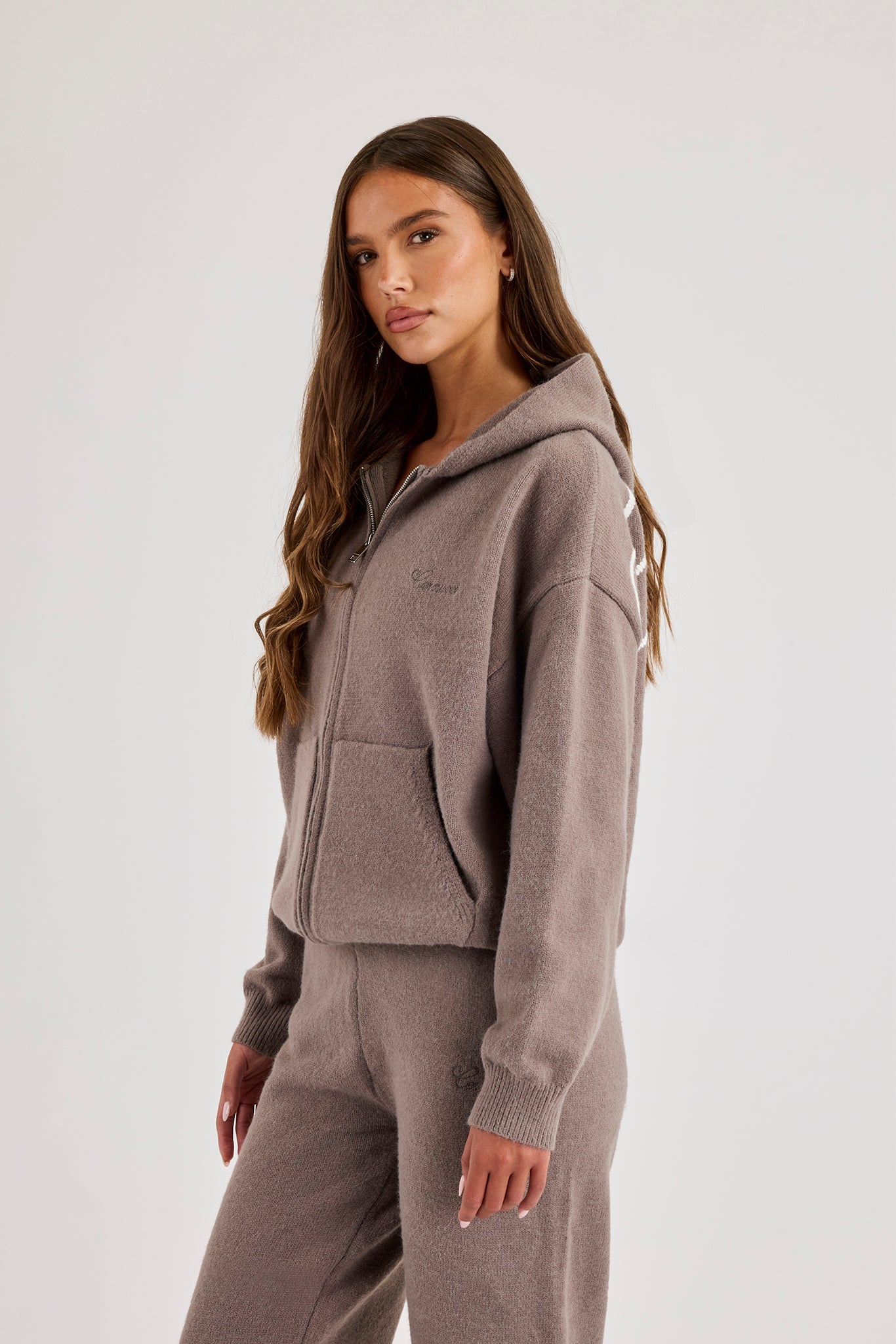 Knitted Stitch Back Detail Zip Through Hoodie - Charcoal