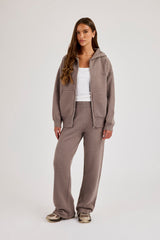 Knitted Stitch Back Detail Zip Through Hoodie & Wide Leg Jogger - Charcoal