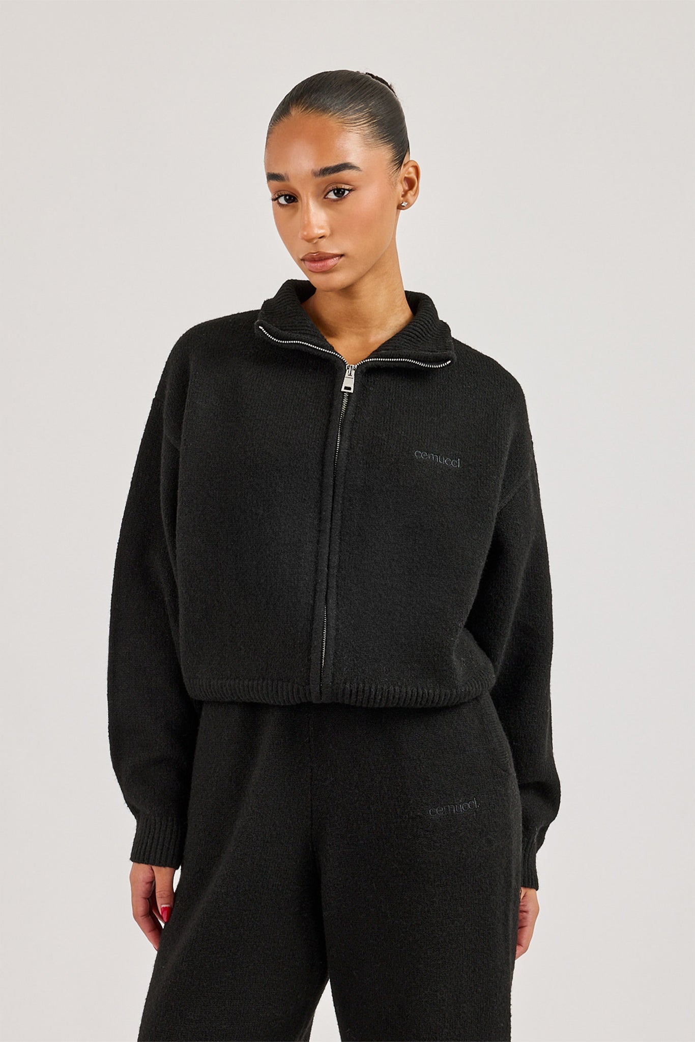 Knitted Embroidered Logo Funnel Neck Zip Through - Black