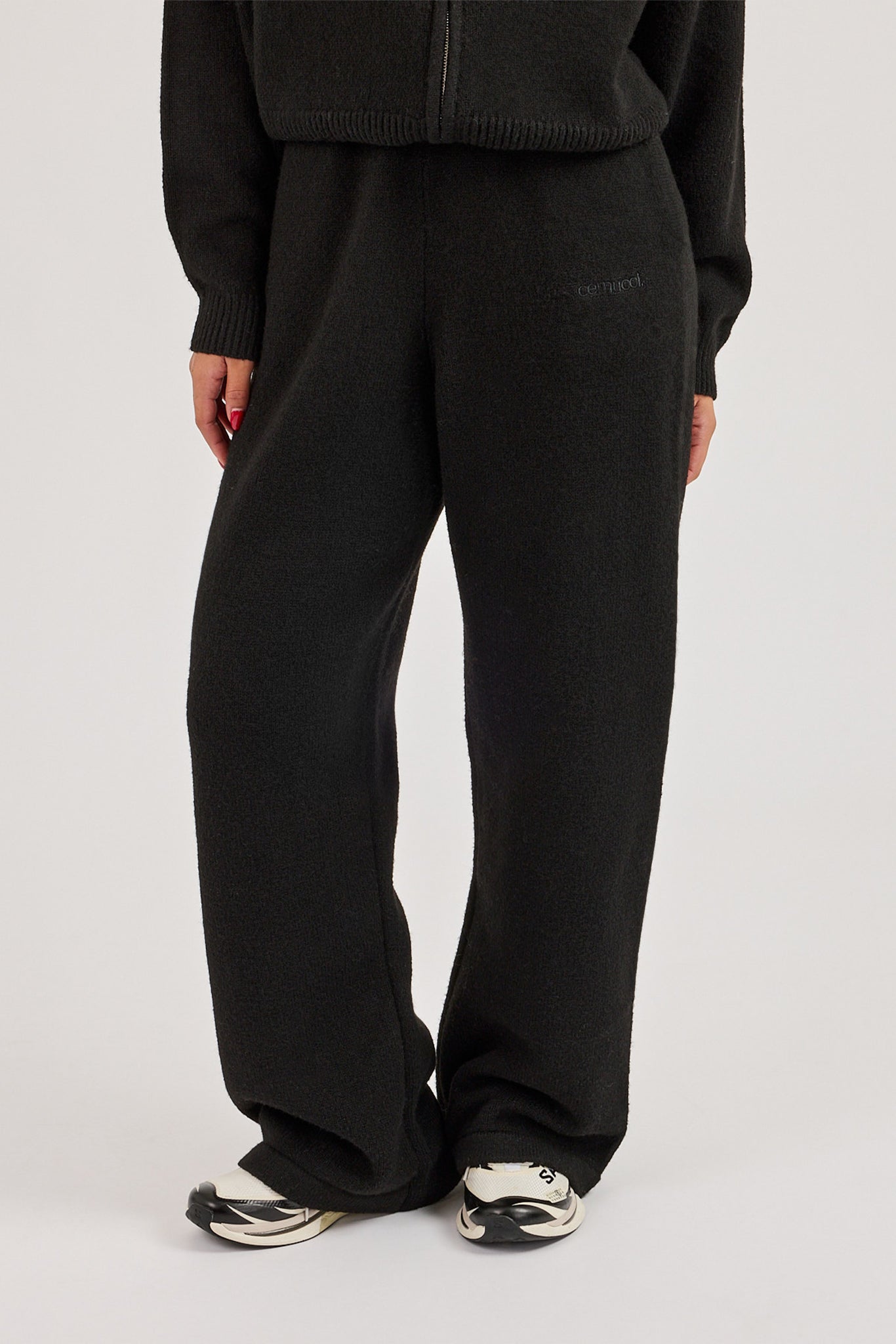 Knitted Embroidered Logo Wide Leg Jogger - Black