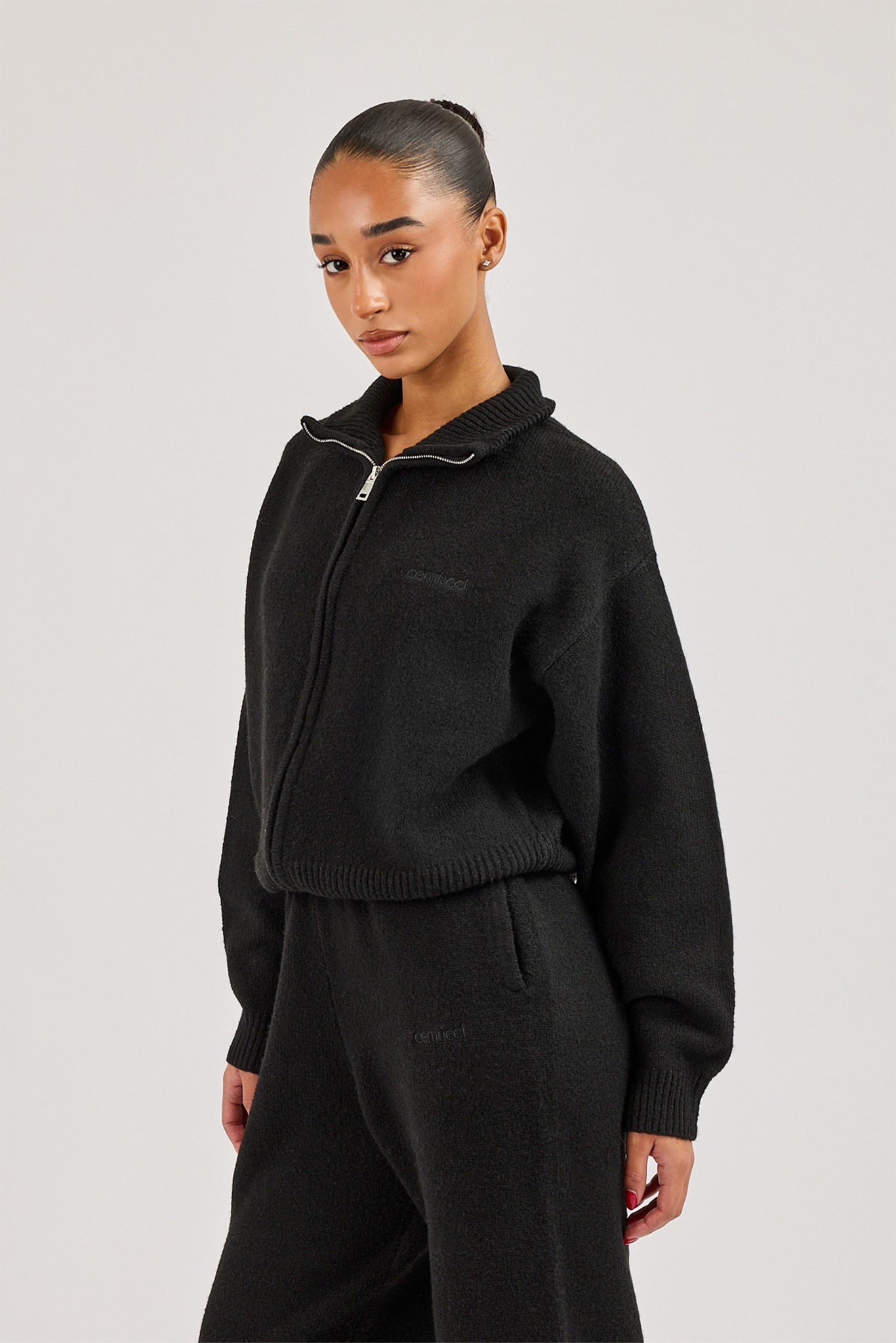 Knitted Embroidered Logo Funnel Neck Zip Through - Black