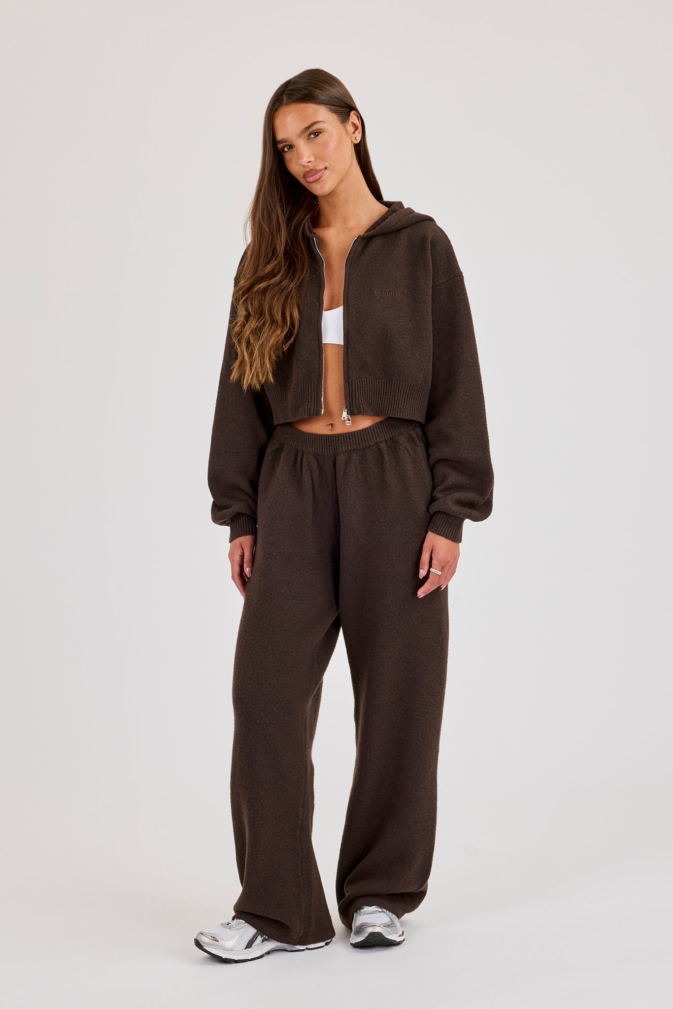 Cernucci Knitted Logo Cropped Zip Hoodie & Wide Leg Jogger – Chocolate