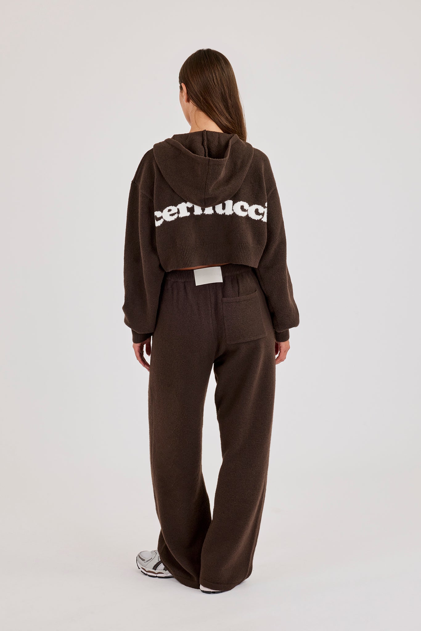 Cernucci Knitted Logo Cropped Zip Hoodie & Wide Leg Jogger – Chocolate