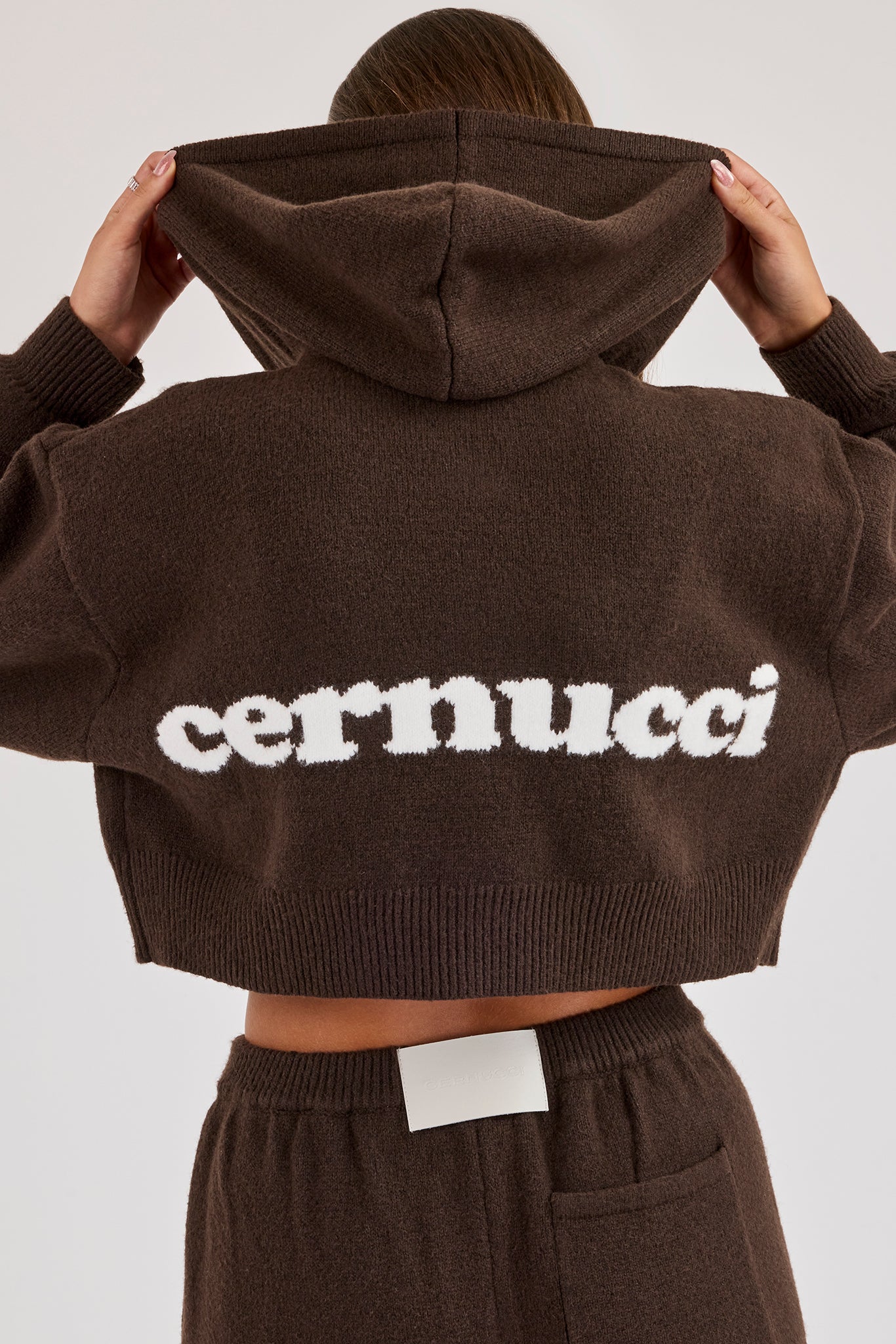 Cernucci Knitted Logo Cropped Zip Hoodie - Chocolate