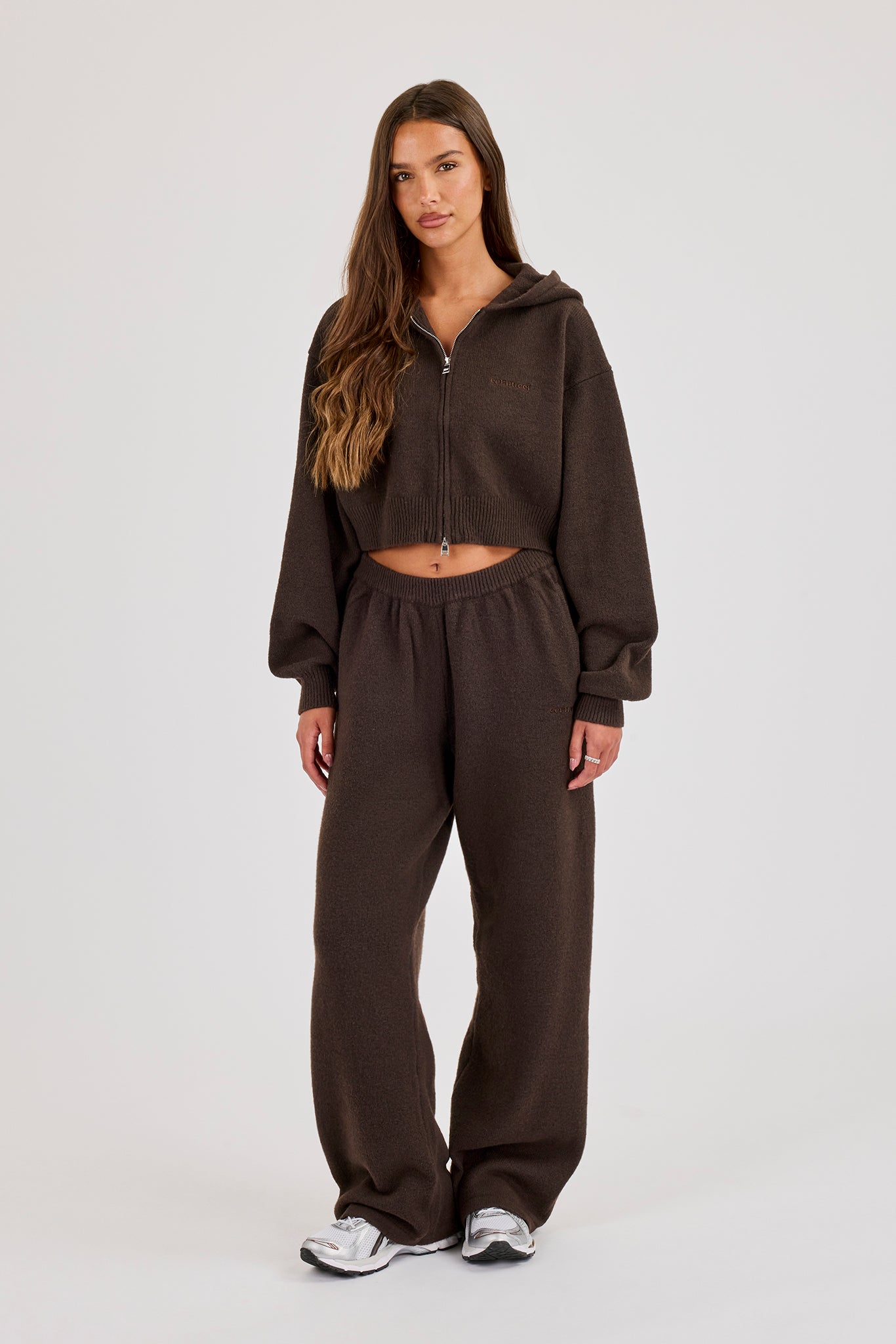 Cernucci Knitted Logo Cropped Zip Hoodie & Wide Leg Jogger – Chocolate