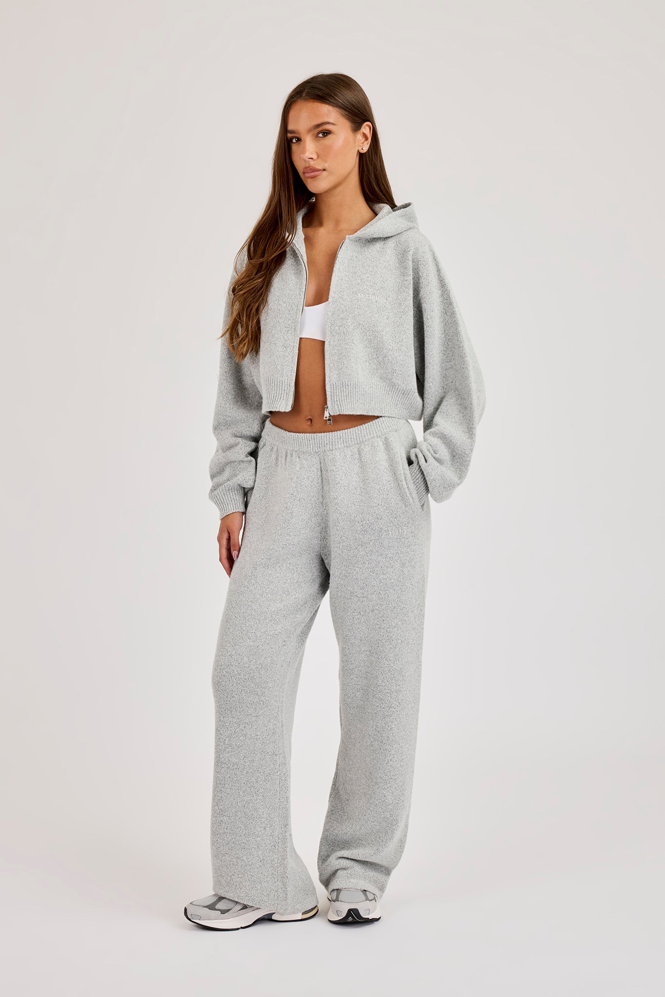 Cernucci Knitted Logo Cropped Zip Hoodie & Wide Leg Jogger - Grey