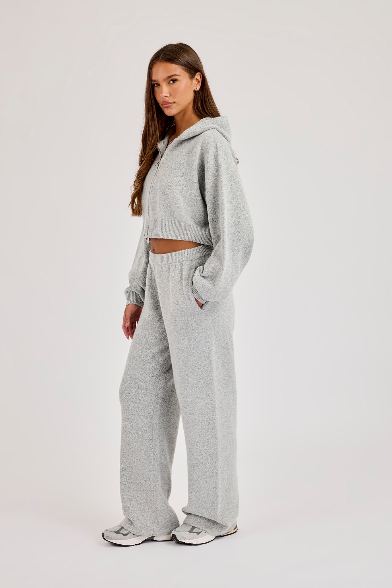 Cernucci Knitted Logo Cropped Zip Hoodie & Wide Leg Jogger - Grey