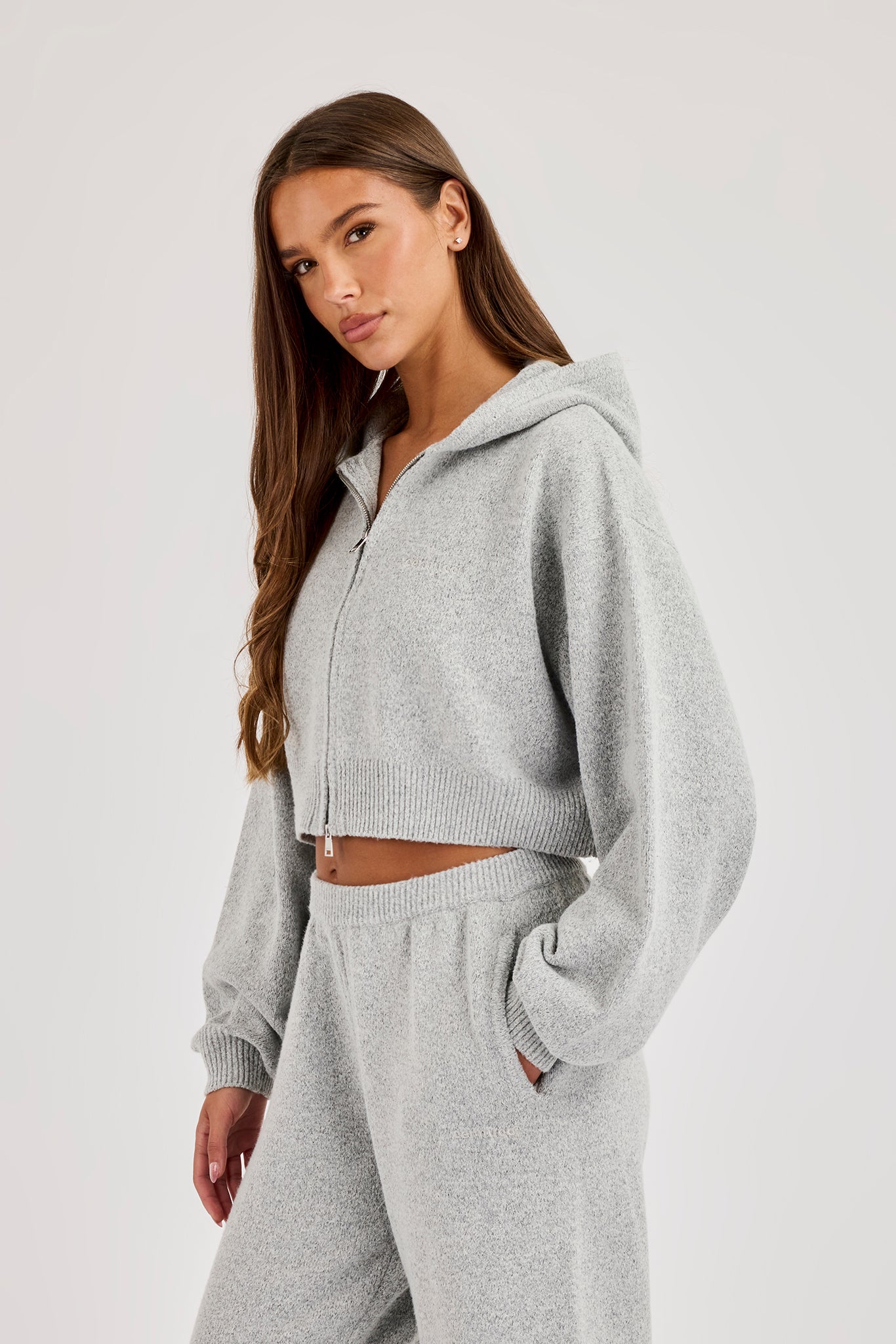 Cernucci Knitted Logo Cropped Zip Hoodie - Grey