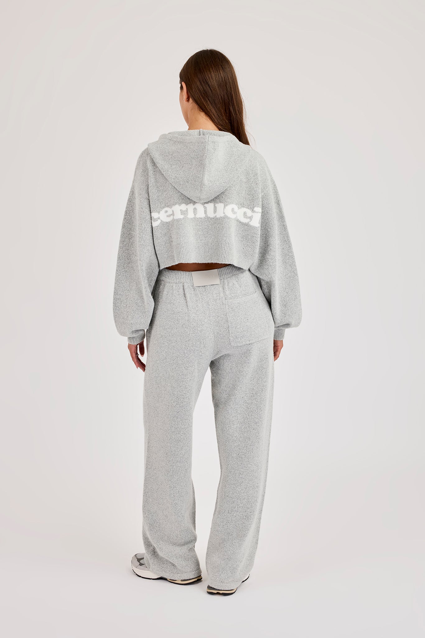 Cernucci Knitted Logo Cropped Zip Hoodie & Wide Leg Jogger - Grey