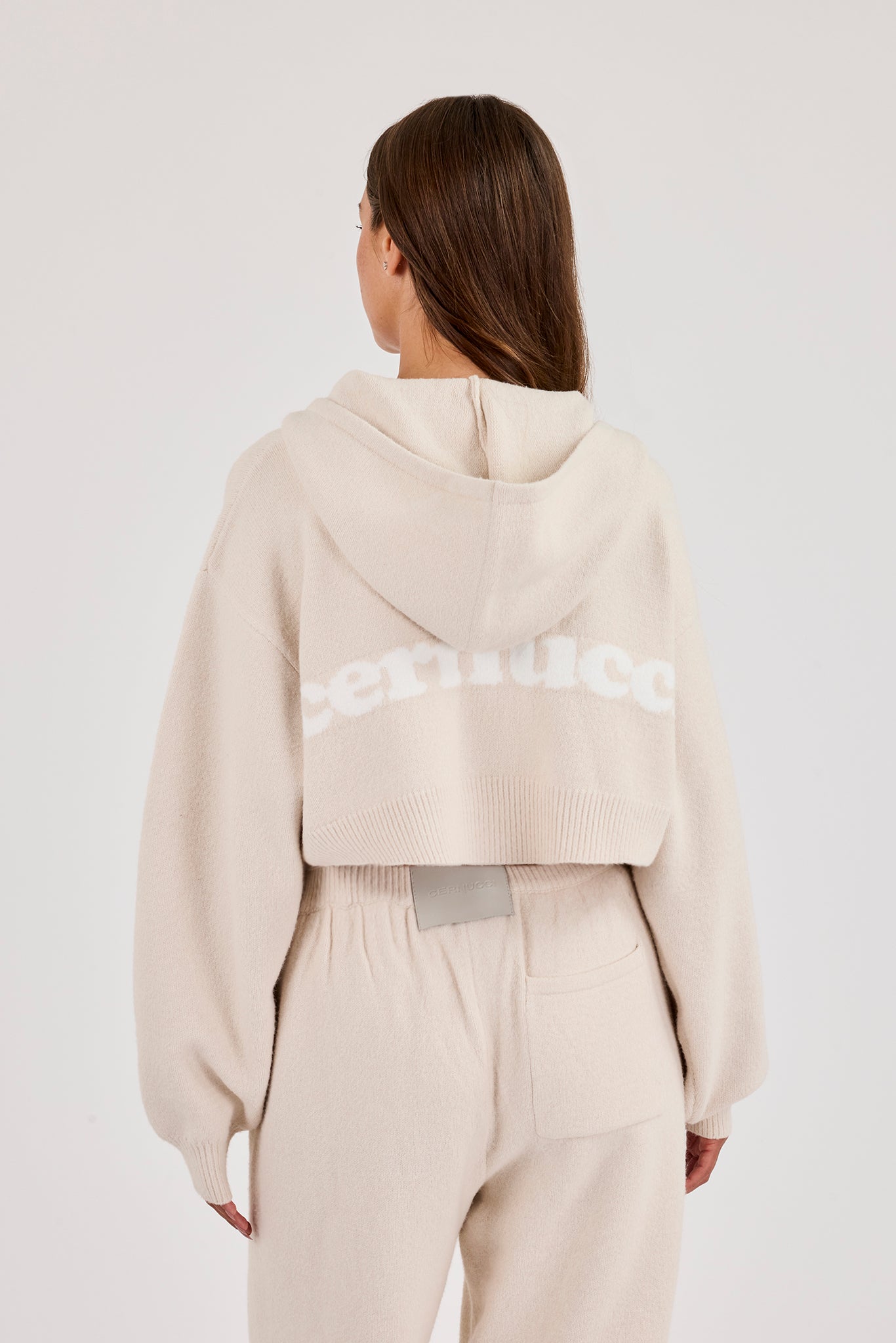 Cernucci Knitted Logo Cropped Zip Hoodie - Oatmeal