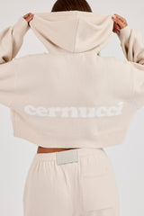 Cernucci Knitted Logo Cropped Zip Hoodie - Oatmeal