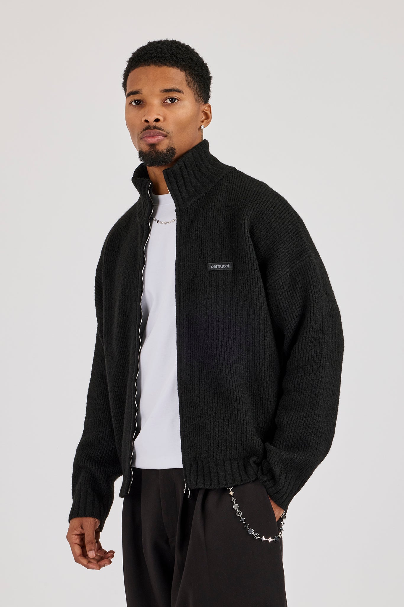 Chunky Knitted Funnel Neck Sweatshirt - Black