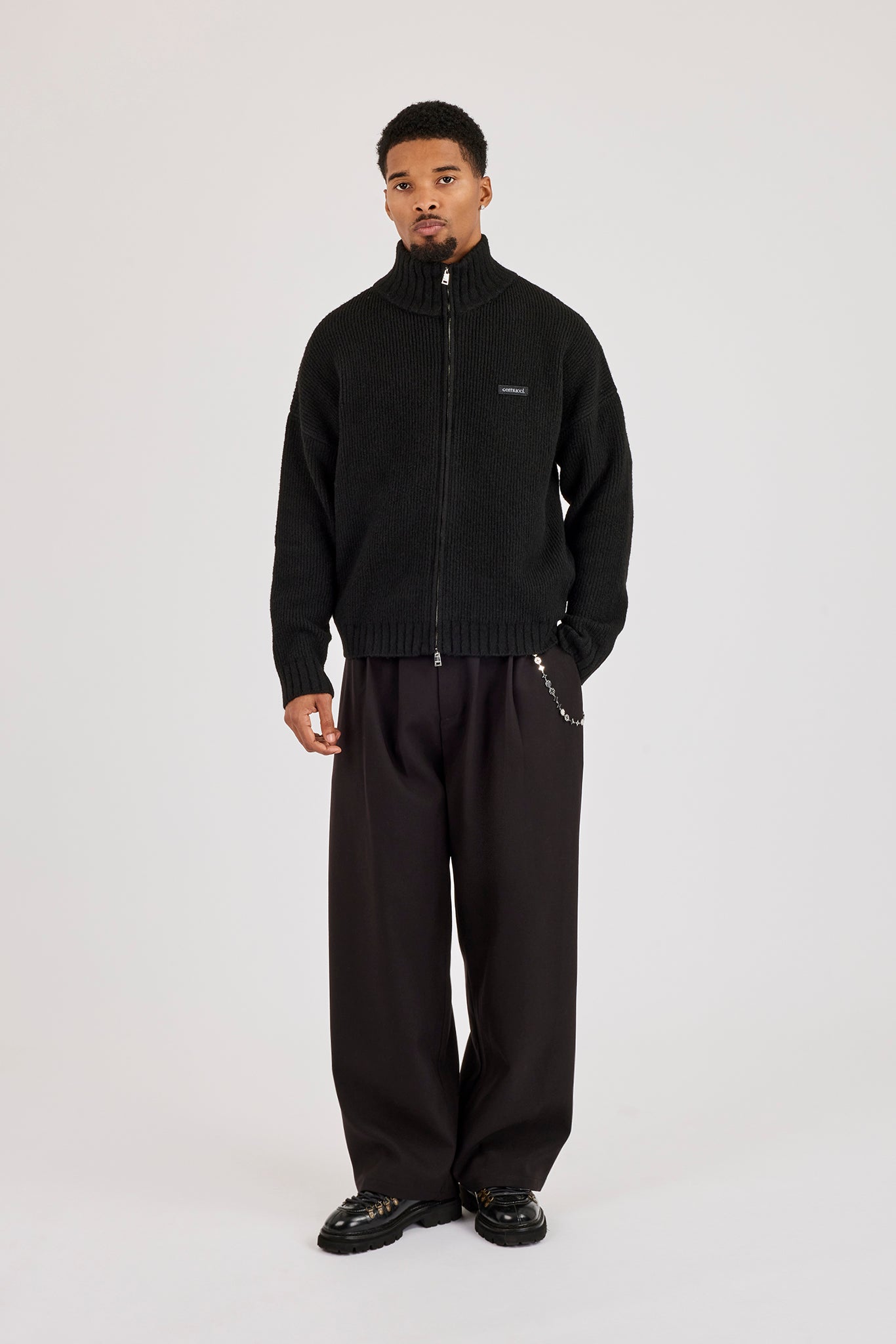 Chunky Knitted Funnel Neck Sweatshirt - Black