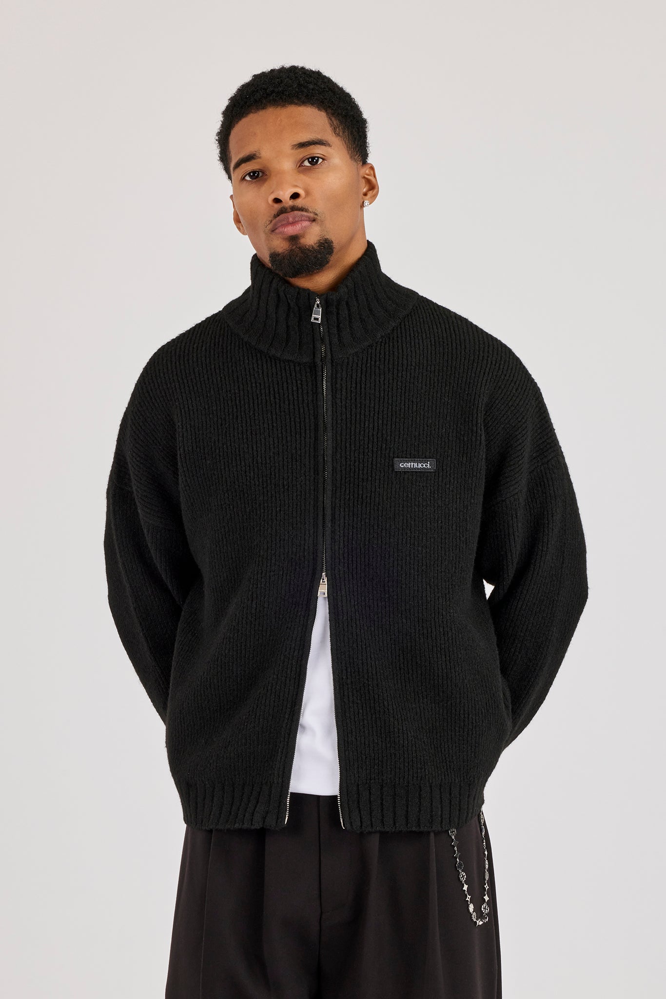 Chunky Knitted Funnel Neck Sweatshirt - Black