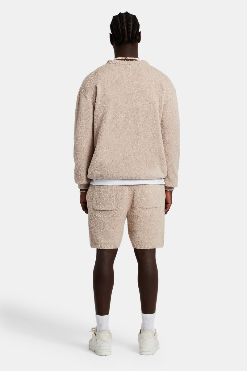 Textured Knitted Sweatshirt Short Tracksuit - Beige