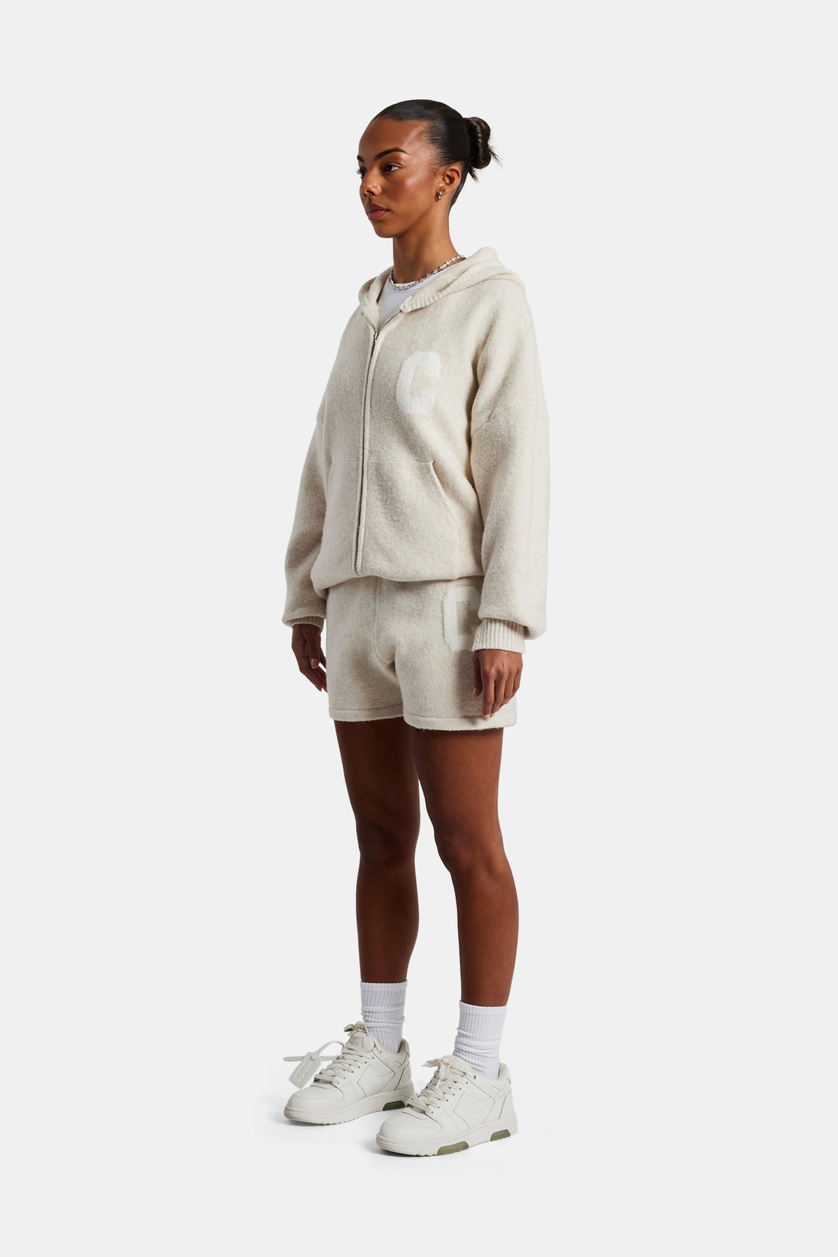 Hooded Zip Through Knitted Short Tracksuit - Oatmeal | Womens Sets 