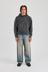 Acid Wash Knitted Hoodie - Charcoal