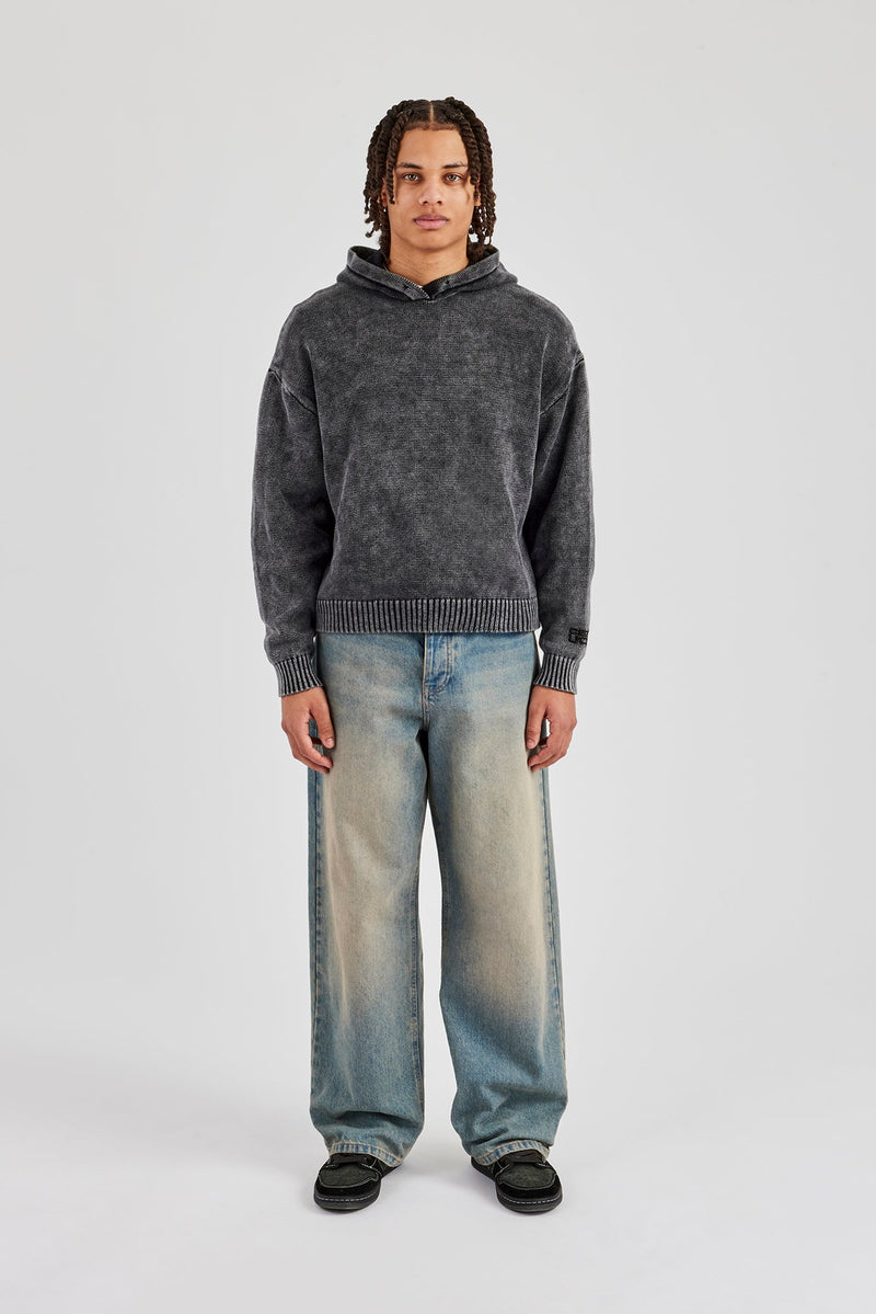 Acid Wash Knitted Hoodie - Charcoal