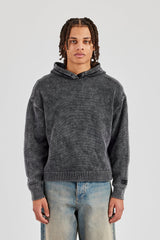 Acid Wash Knitted Hoodie - Charcoal